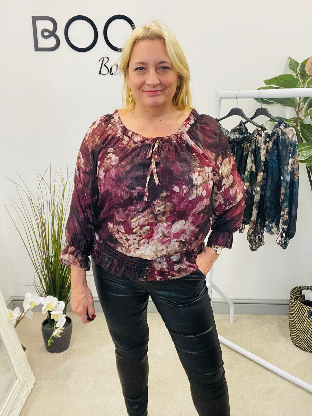 LADIES CHIFFON BARDOT GOING OUT TOP - BURGUNDY, NAVY, BLACK