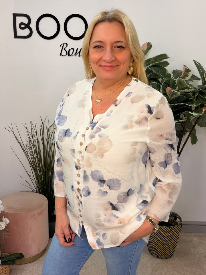 Ladies Fashion Pretty White & Blue Leaf Print blouse top