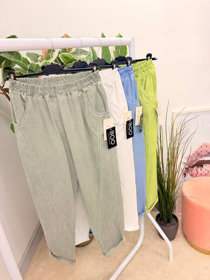 Ladies Fashion Stretch Balloon Leg Magic Trousers - White, Khaki, Denim & Lime