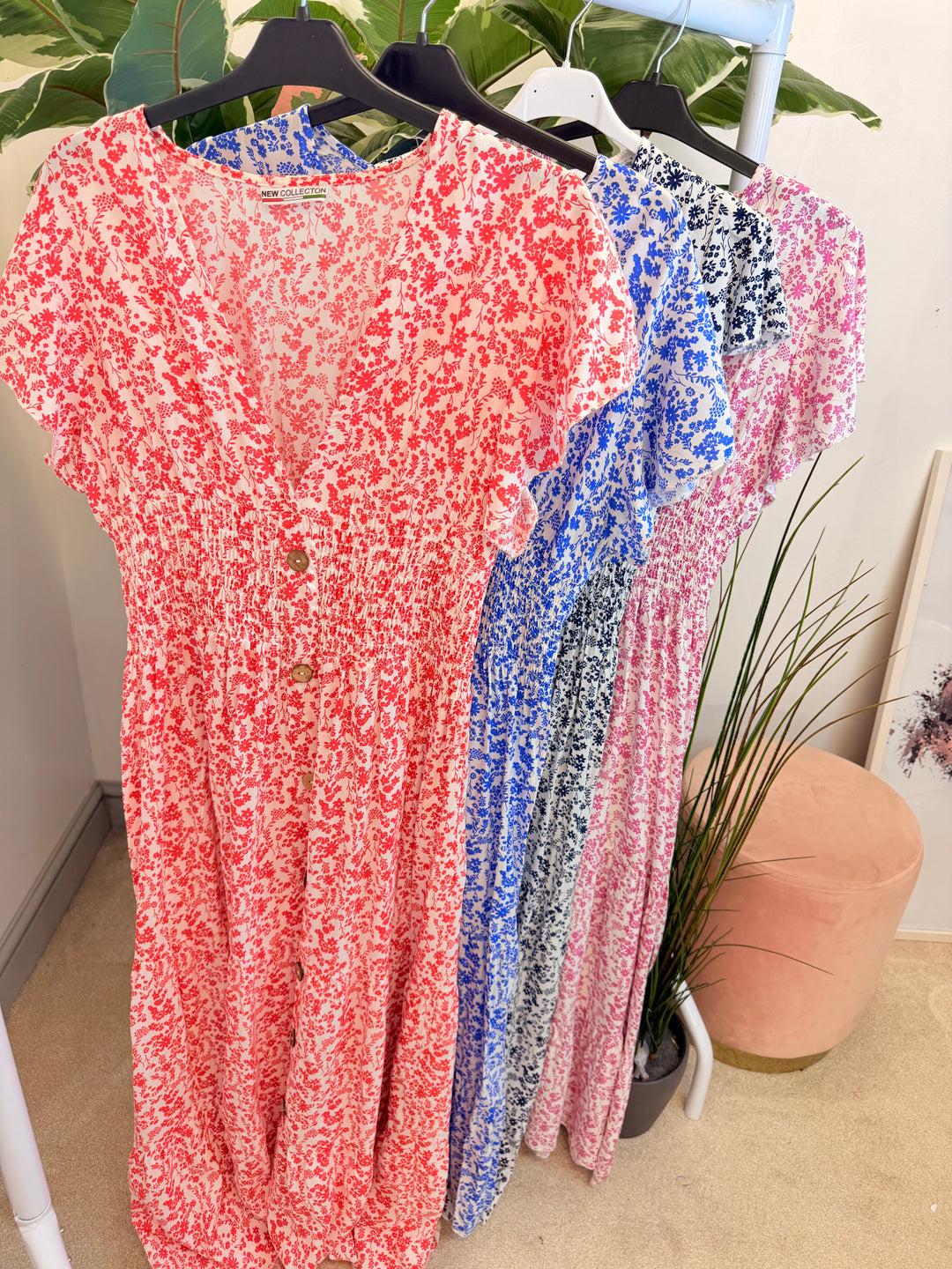 Ladies Fashion Daisy Print Midi Day Dress - Blue, Navy, Pink, Red