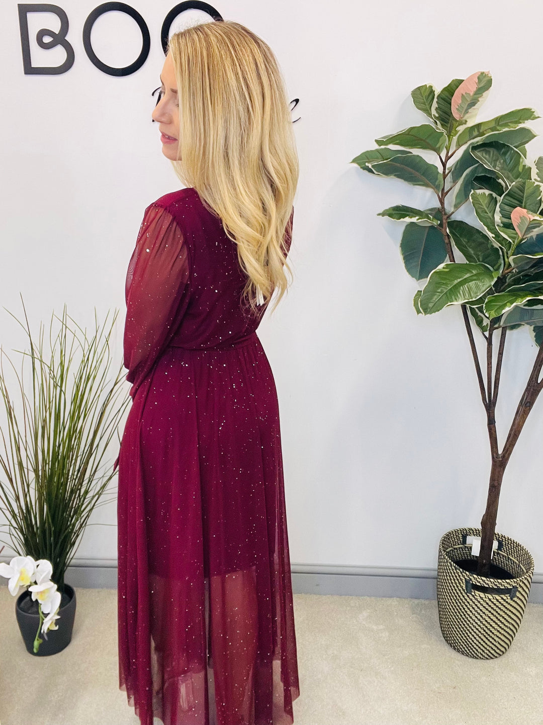 LADIES STRETCH NET PARTY MAXI DRESS - BLACK, BERRY, BROWN & GREEN