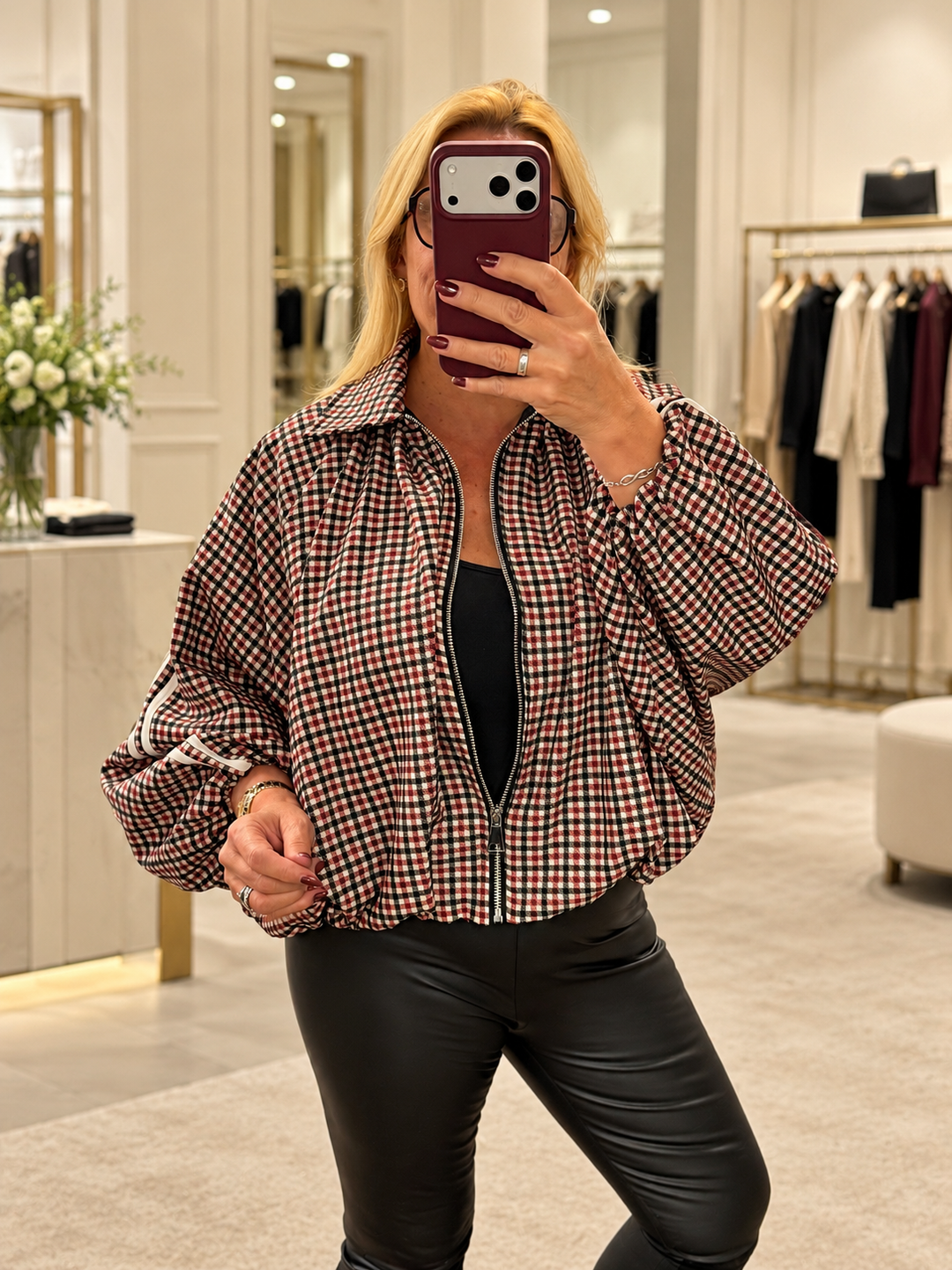 The MONICA check sports luxe bomber jacket - red and black