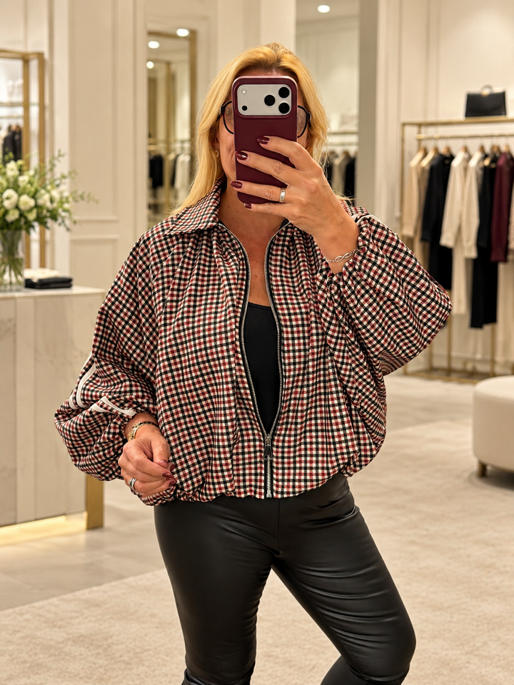 The MONICA check sports luxe bomber jacket - red and black