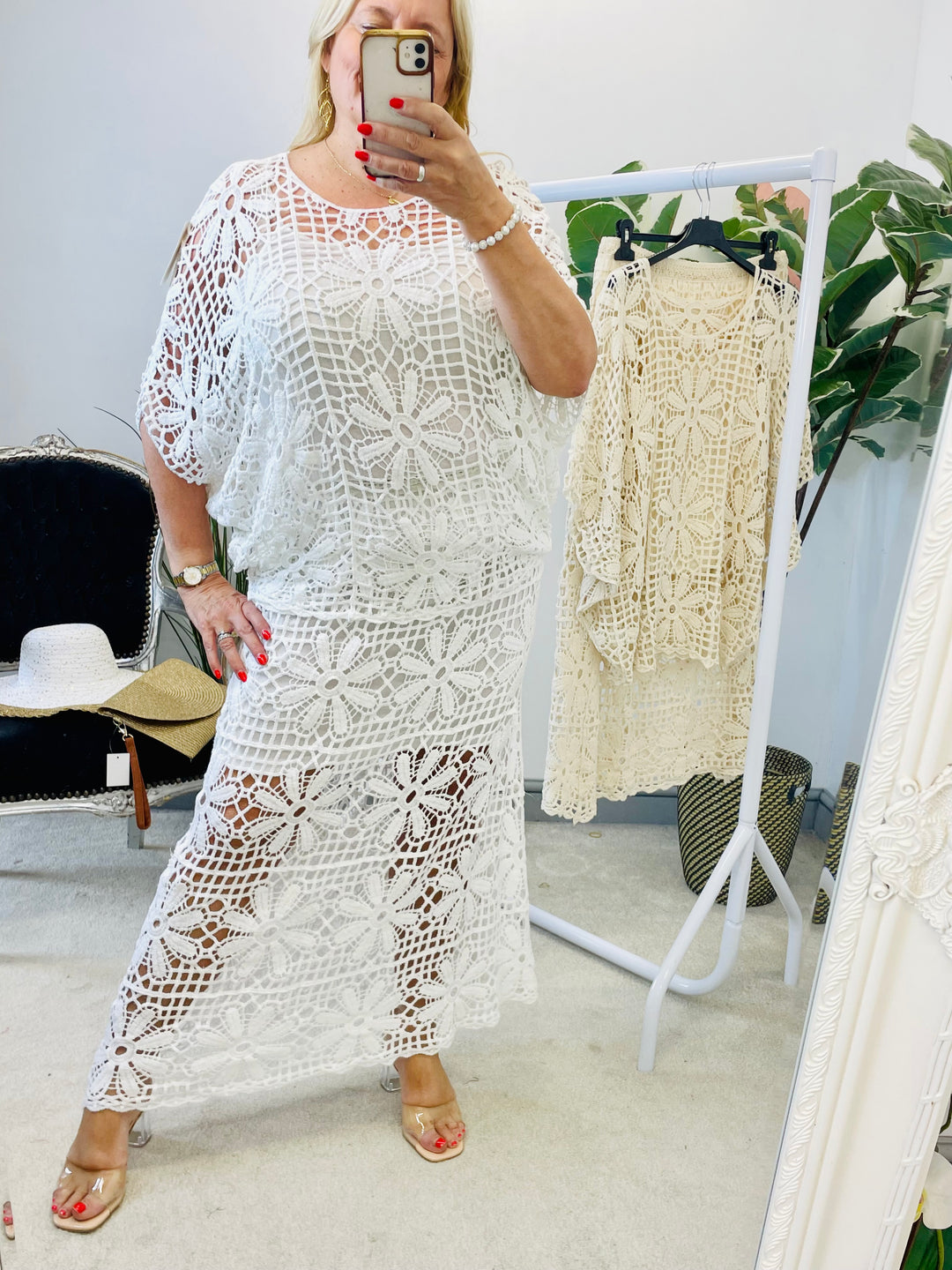 LADIES CROCHET SUMMER HOLIDAY SKIRT & TOP CO ORD SET - WHITE & BEIGE
