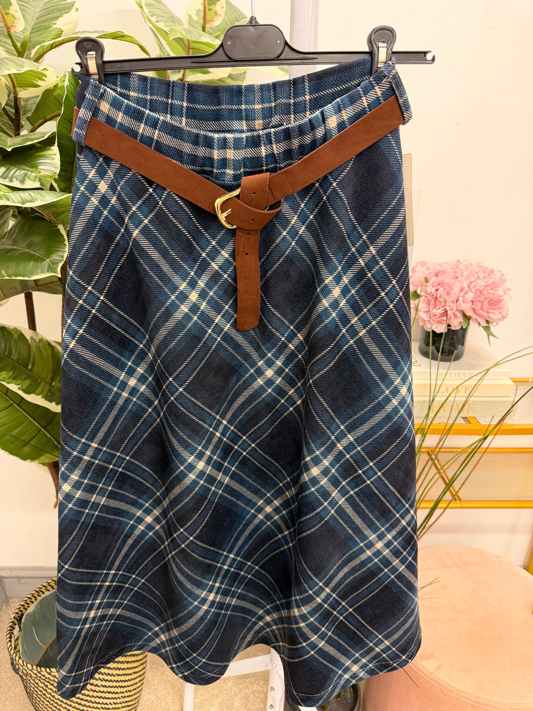 Womens tartan A line midi skirt - Wine, Blue & Khaki