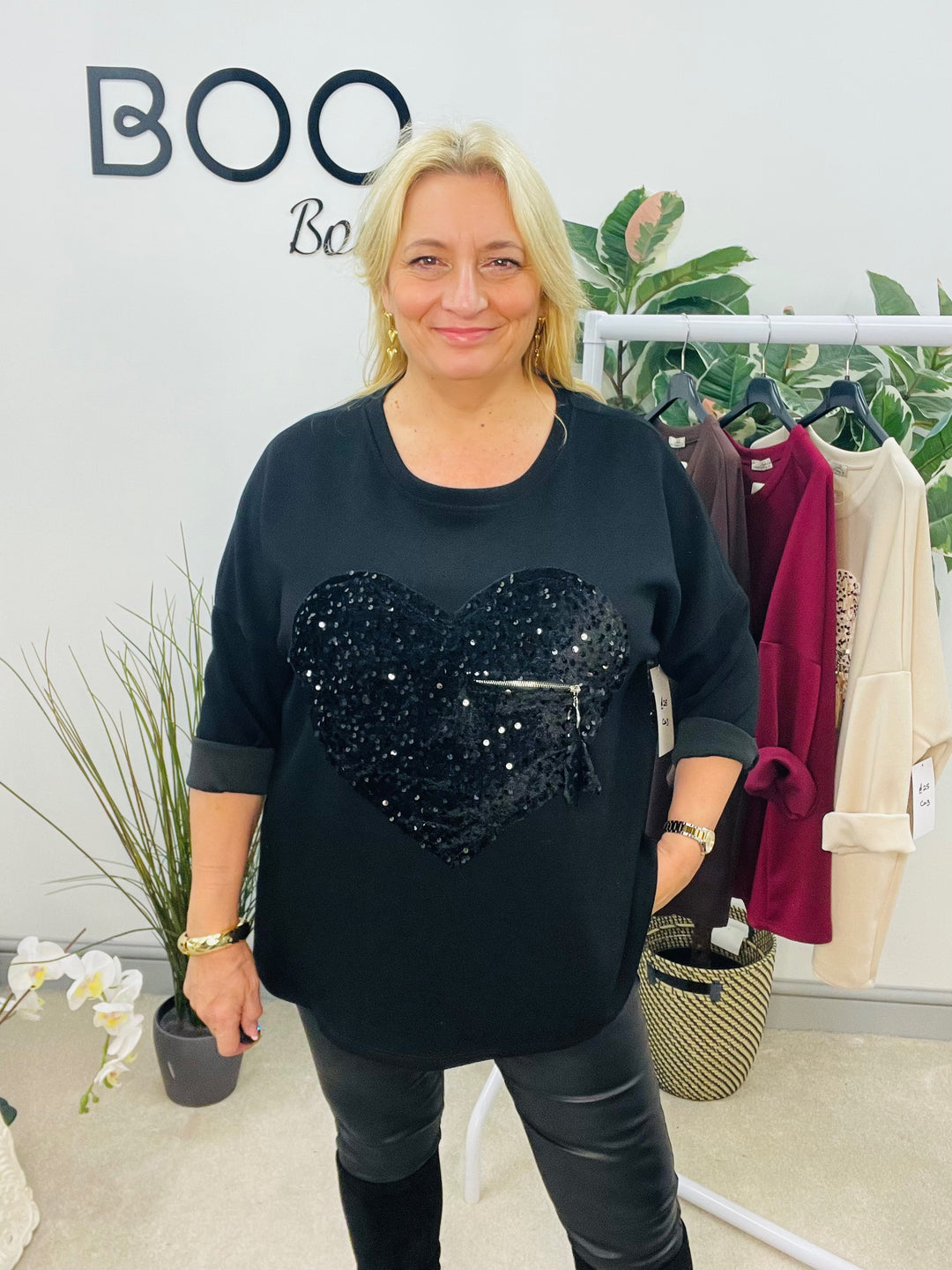 LADIES SCUBA SEQUIN HEART SWEATSHIRT TOP - BURGUNDY, BLACK, BROWN, BEIGE