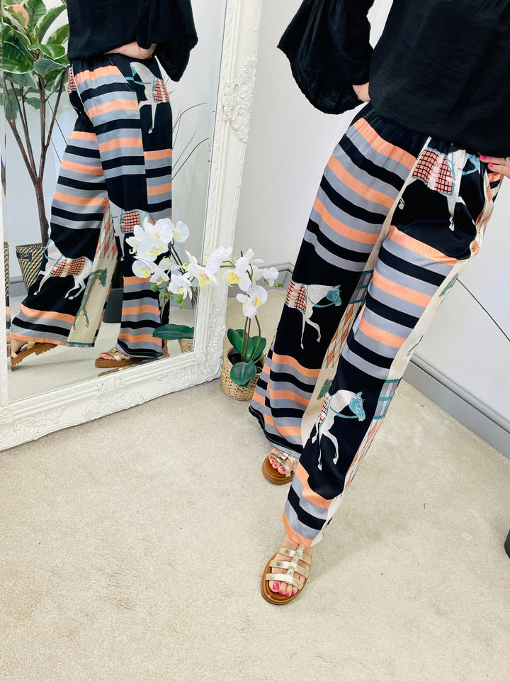LADIES WOMENS INSPIRED PRINT SATIN PALAZZO PANTS TROUSERS - NAVY, BLACK & KHAKI