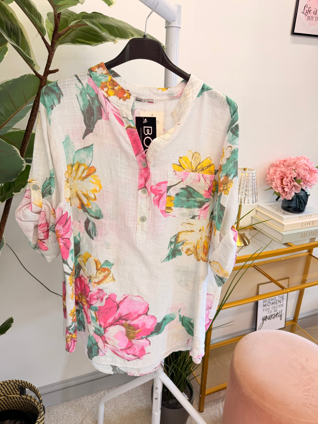 Ladies Light Linen Flower Print Grandad Shirt Top
