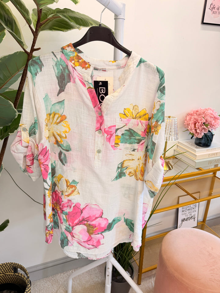 Ladies Light Linen Flower Print Grandad Shirt Top
