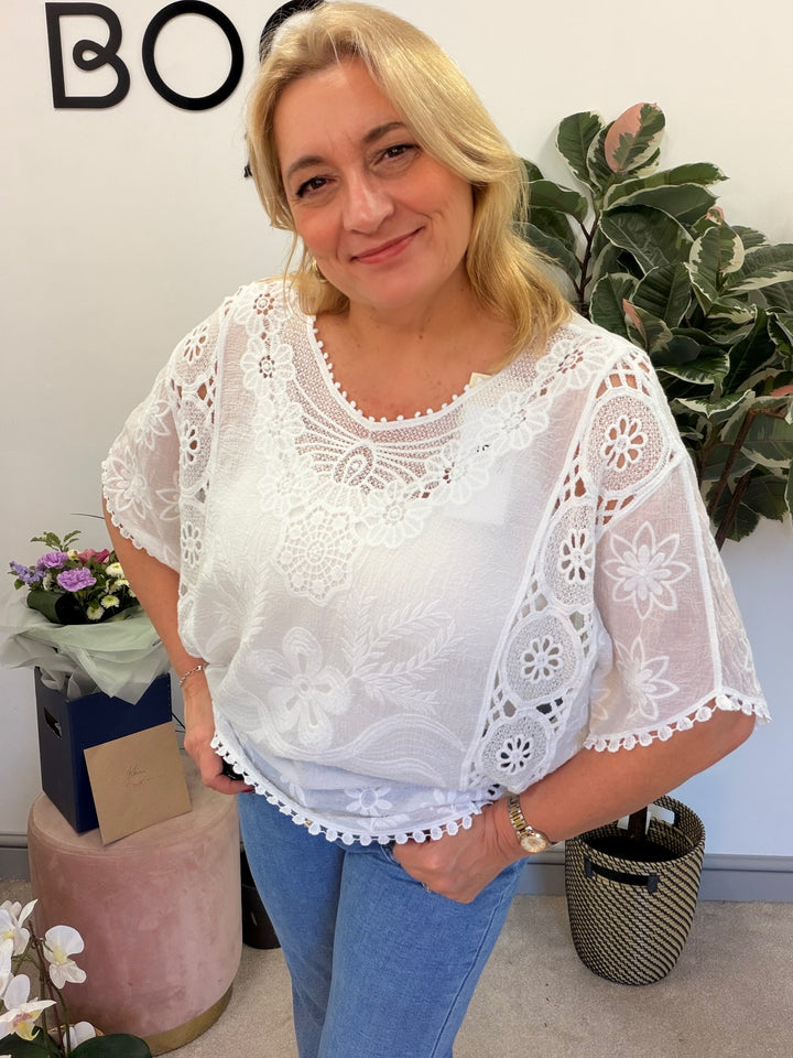 Ladies Fashion Pretty Crochet Lace Top - white & pink