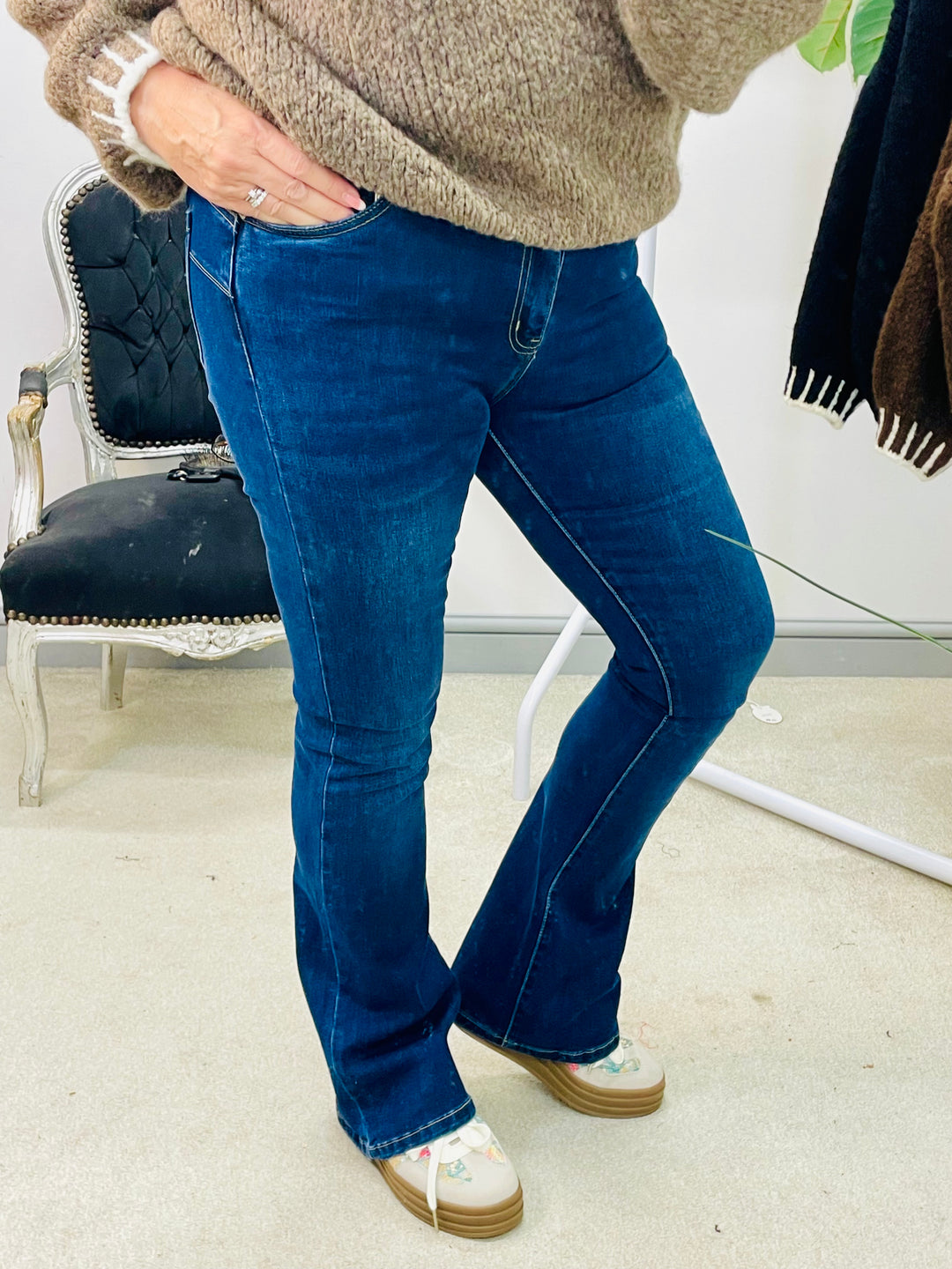 LADIES DARK BLUE DENIM KICK FLARE JEANS