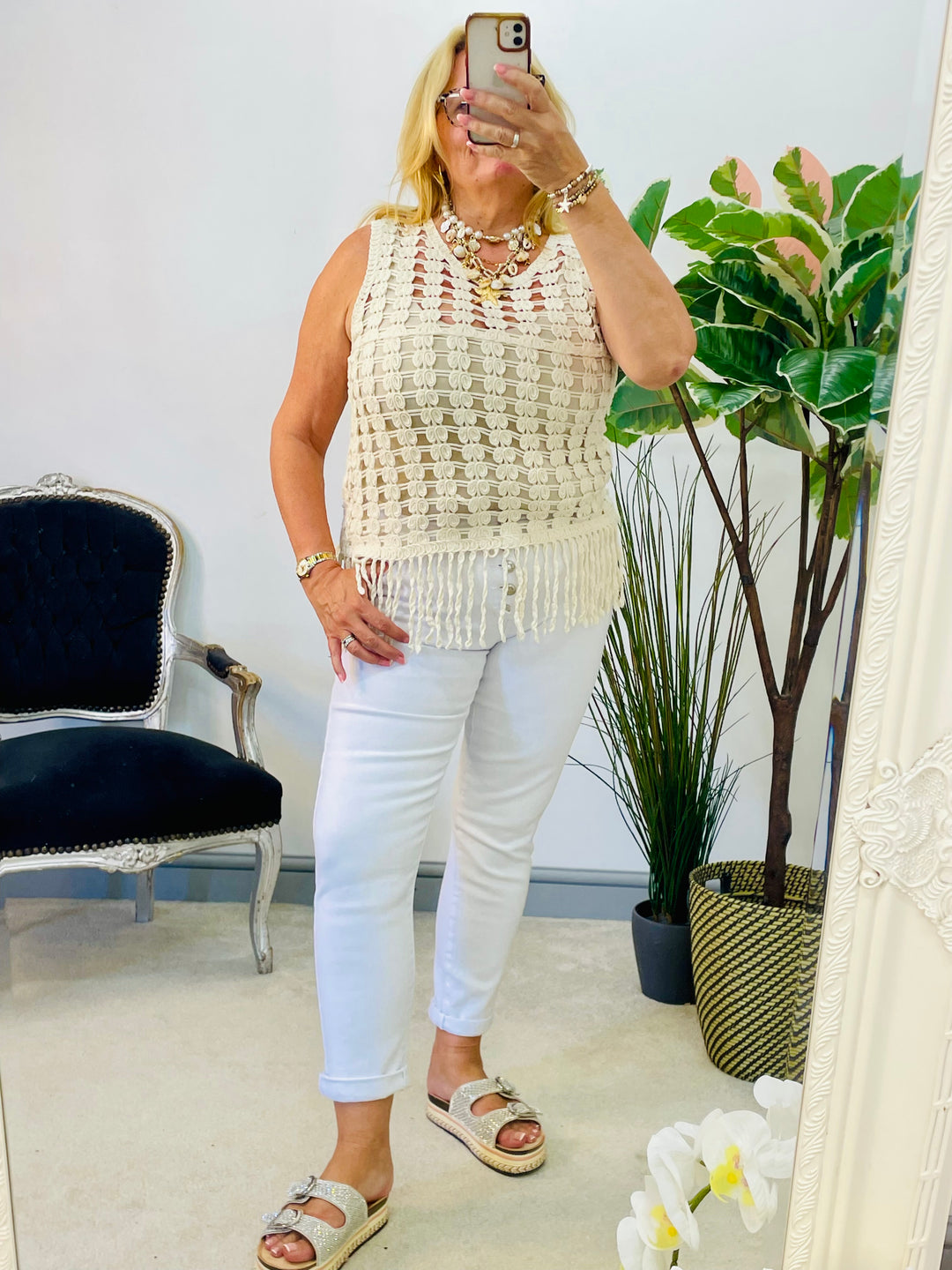 LADIES SLEEVELESS CROCHET TANK TOP - WHITE & BEIGE