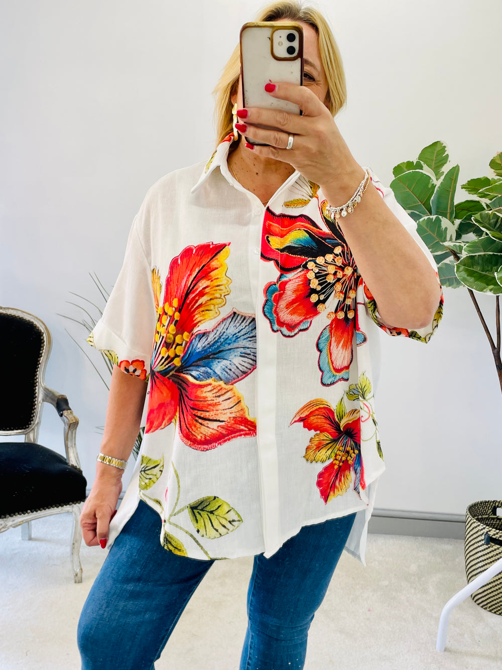 LADIES CREAM LOOSE FIT COLOURFUL PRINT SHIRT BLOUSE