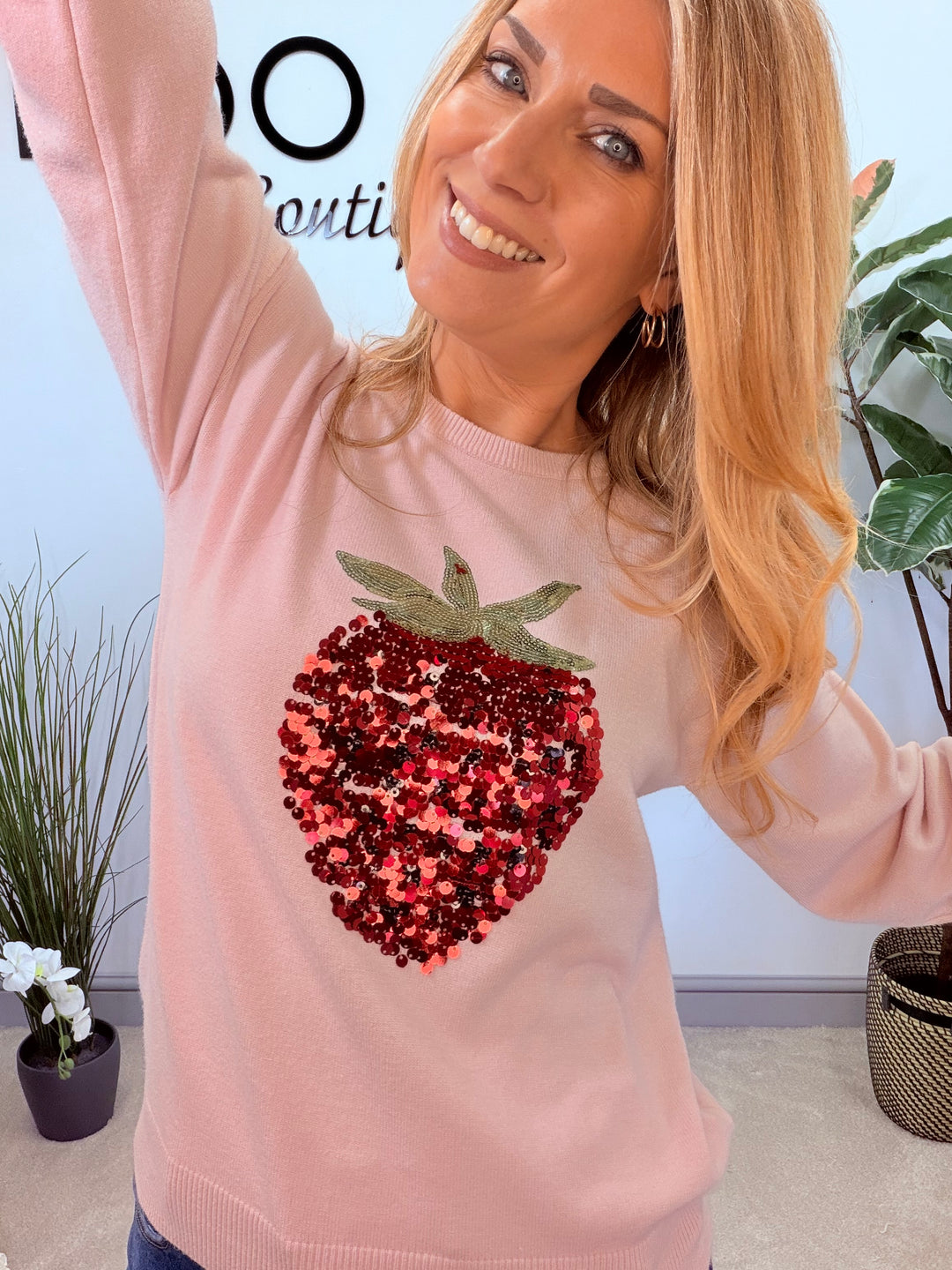 LADIES SEQUIN STRAWBERRY JUMPER - LEMON & PINK