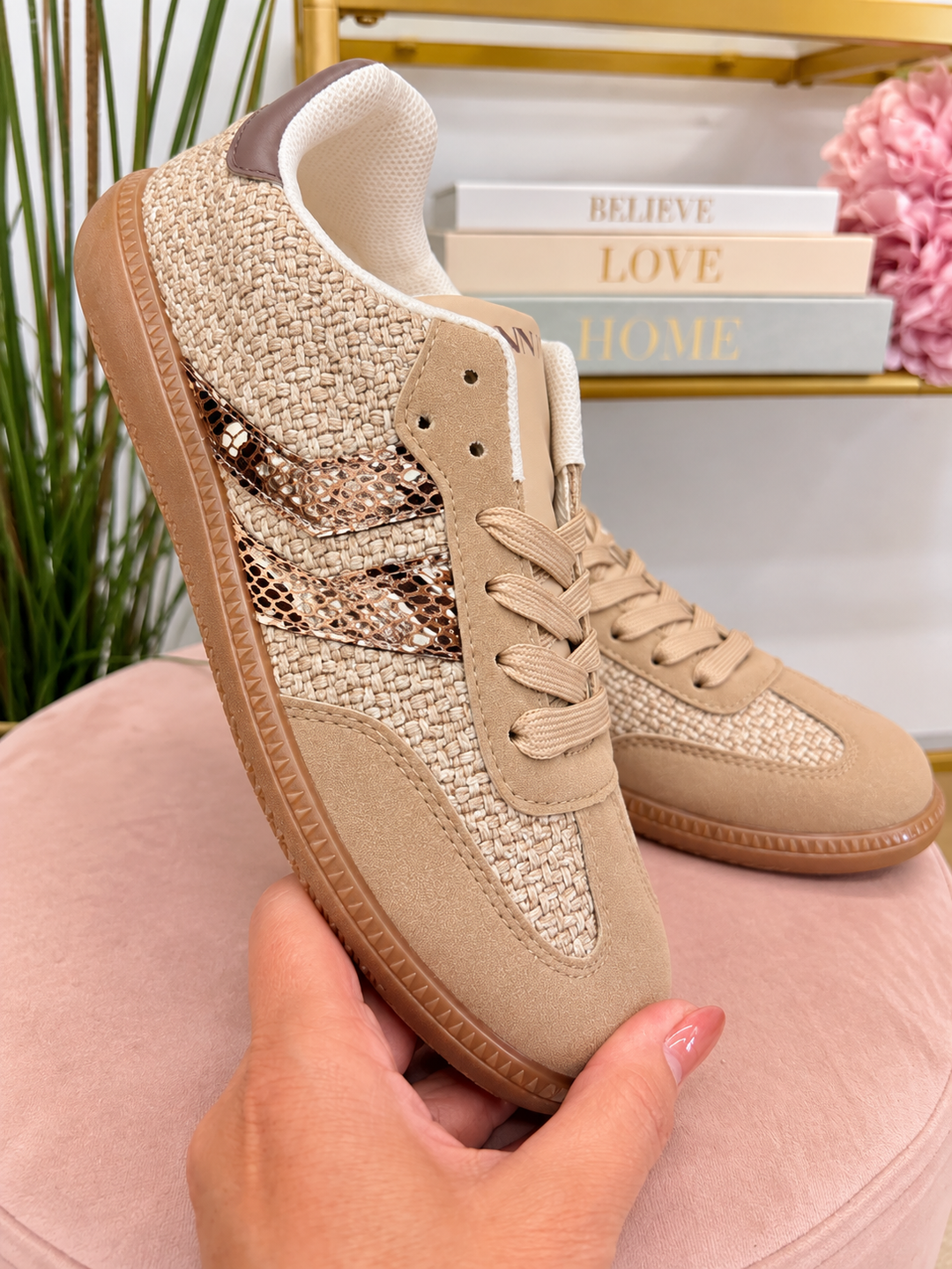 Ladies Fashion Beige Flat Inspired Stripe Trainers 