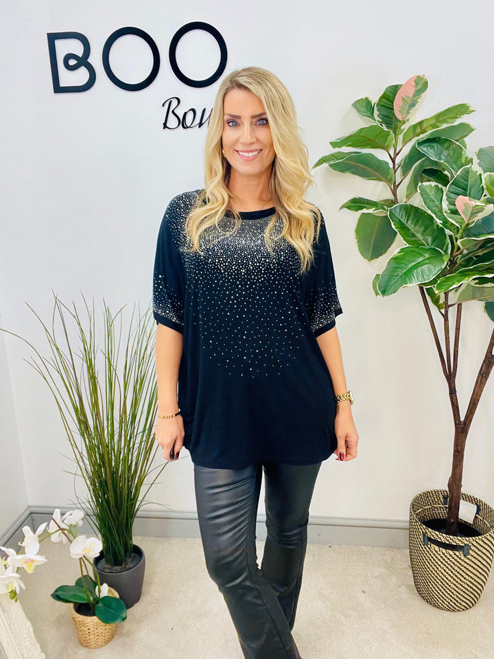 LADIES LOOSE FIT SPARKLY TEE T SHIRT - NAVY, BLACK, BERRY