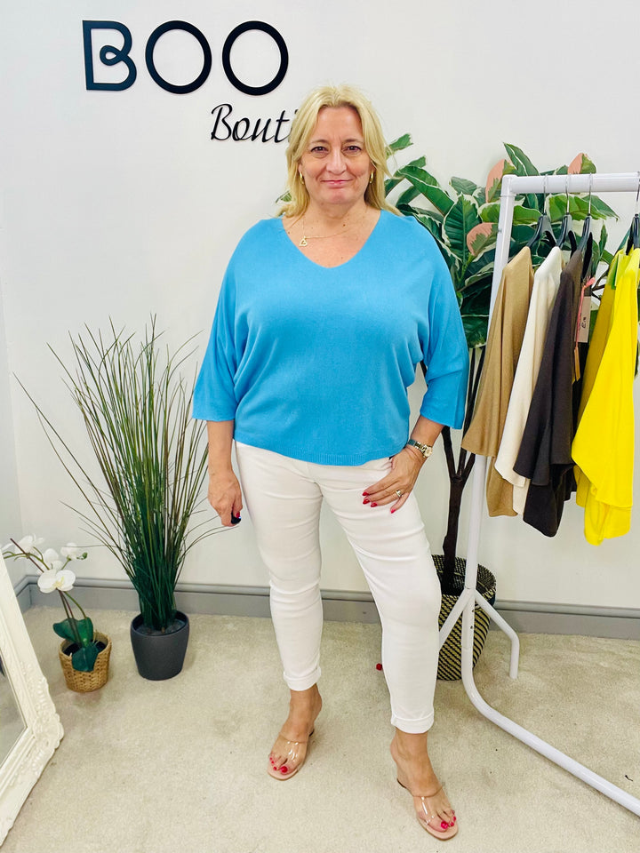 LADIES SOFT FINE KNIT V NECK TOP - YELLOW, WHITE, BROWN, TURQUOISE, CAMEL