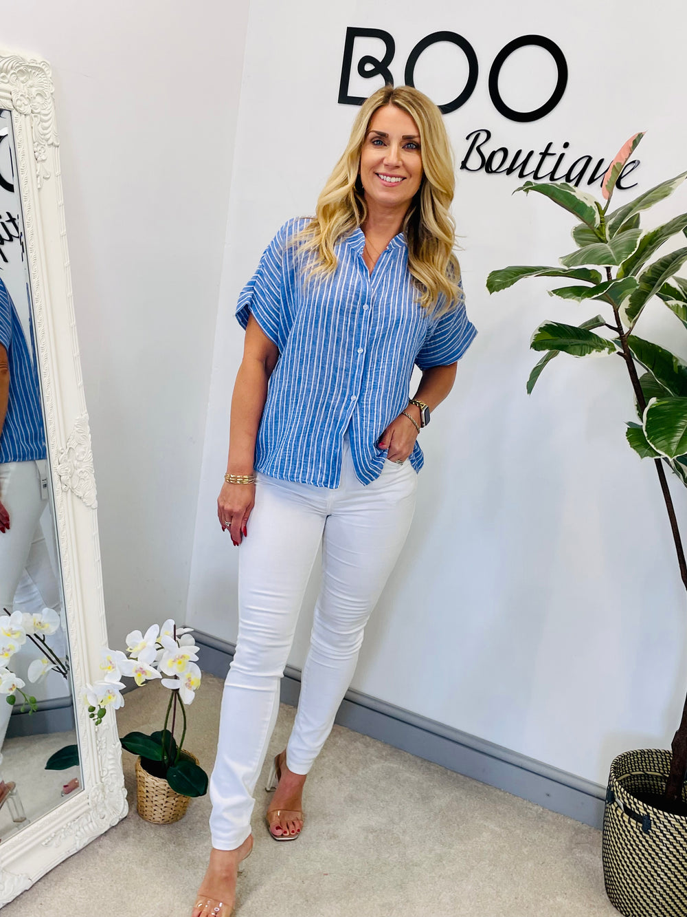 LADIES LINEN PINSTRIPE SUMMER SHIRT - KHAKI, BEIGE, BLUE