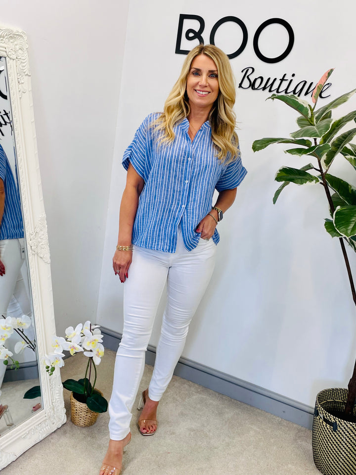 LADIES LINEN PINSTRIPE SUMMER SHIRT - KHAKI, BEIGE, BLUE