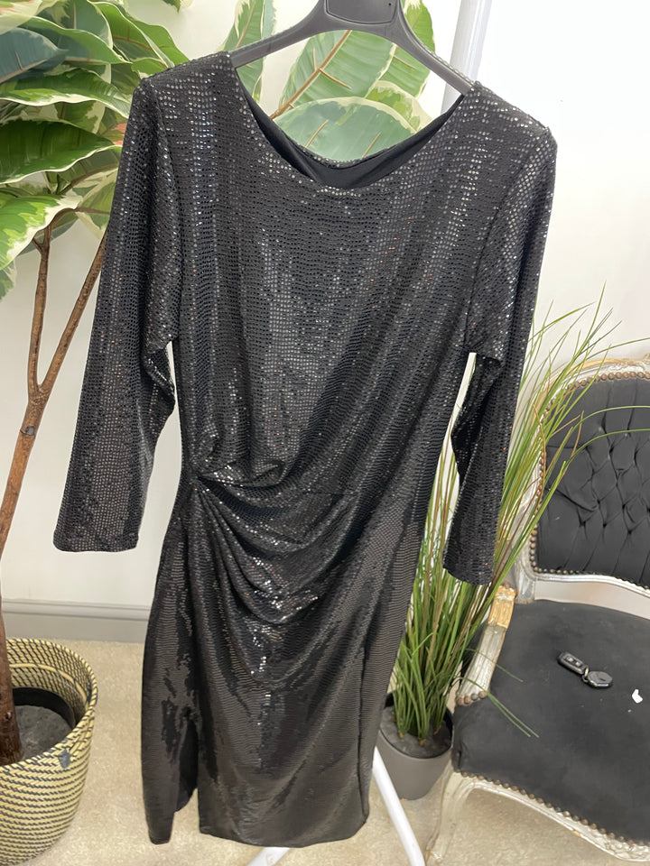 LADIES SEQUIN SEXY RUCHE SIDE PARTY DRESS - RED, BLACK, CHAMPAGNE & GOLD