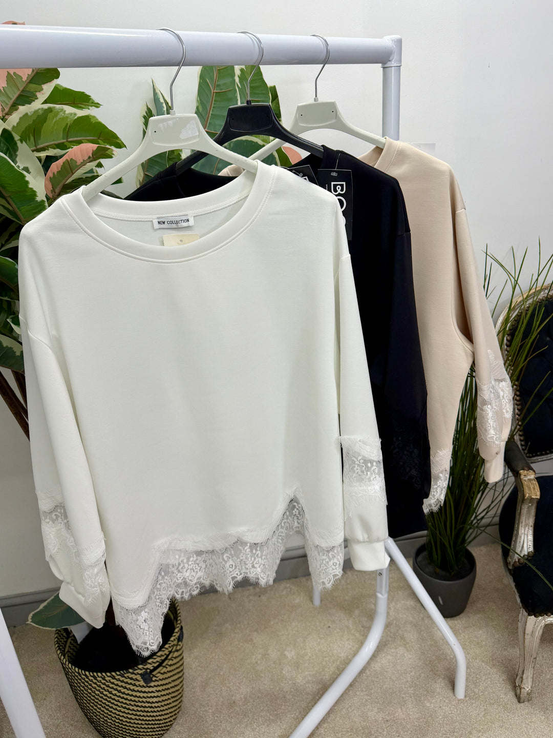 LADIES FASHION LACE EDGE TOP - BLACK, WHITE & BEIGE