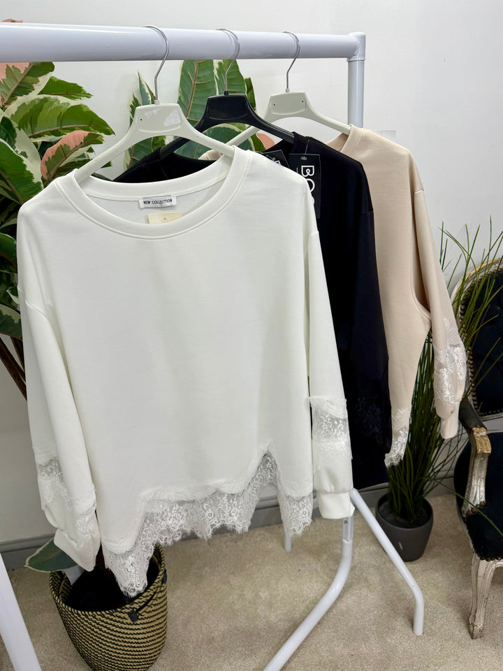 LADIES FASHION LACE EDGE TOP - BLACK, WHITE & BEIGE