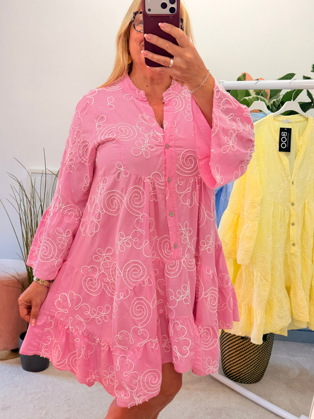 Ladies Cotton Swing Smock Summer Dress - pink, lemon, blue