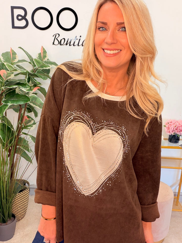 Women’s cord oversize heart motif top chocolate brown