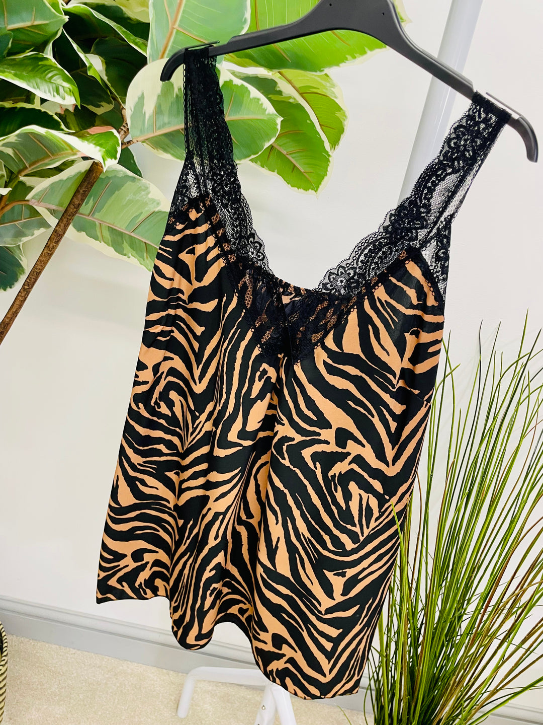 LADIES ANIMAL PRINT SATIN LACE EDGE CAMI VEST TOP - ZEBRA & LEOPARD PRINT