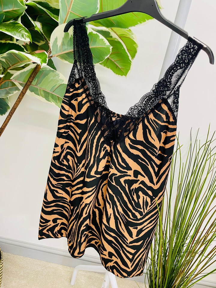 LADIES ANIMAL PRINT SATIN LACE EDGE CAMI VEST TOP - ZEBRA & LEOPARD PRINT