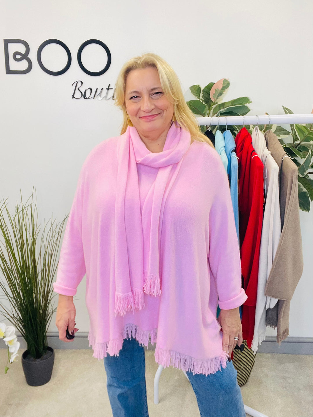 LADIES OVERSIZE JUMPER & SCARF SET PINK