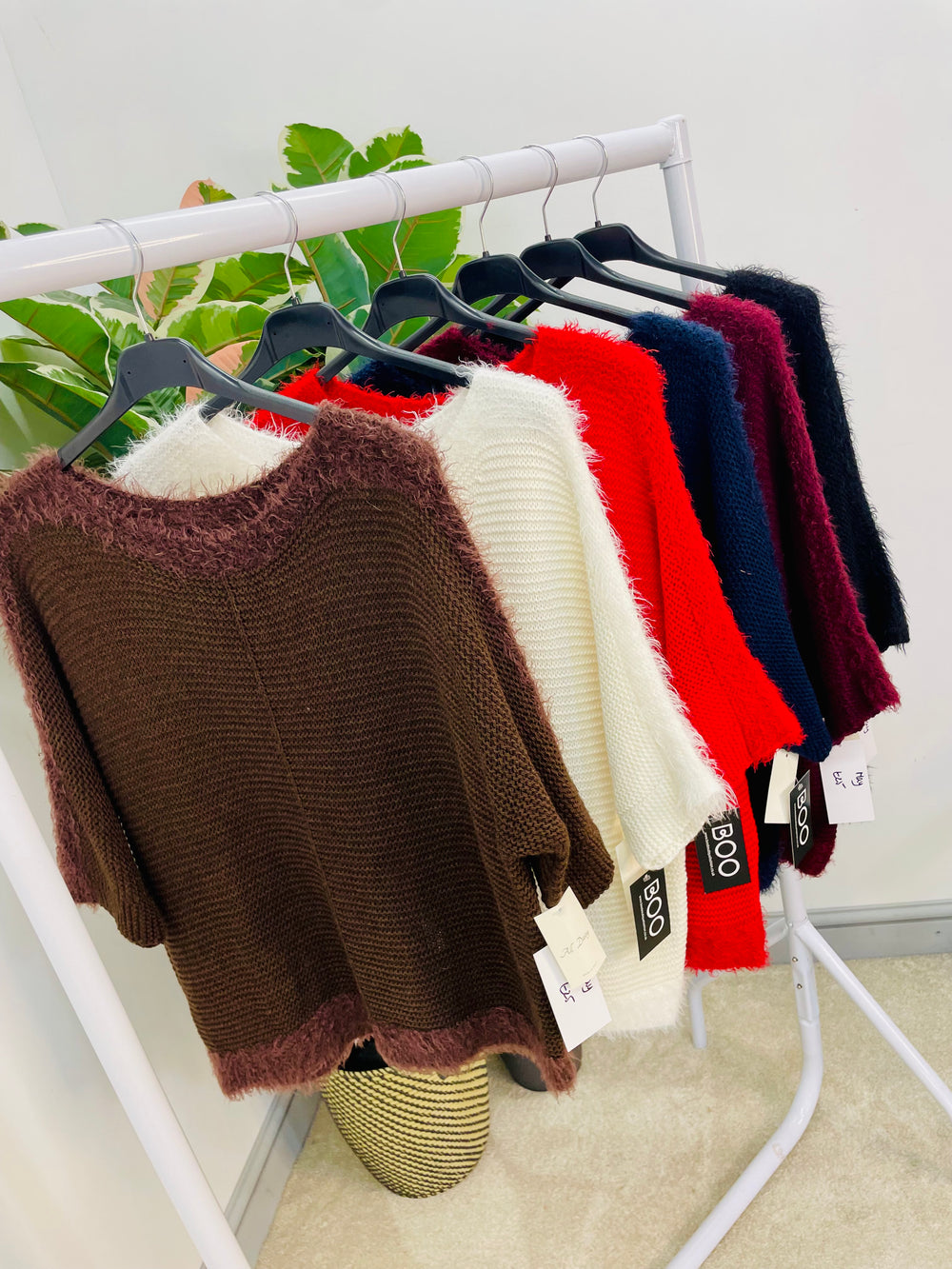 LADIES SOFT FLUFFY KNIT JUMPER - WHITE, BROWN, WINE, RED, BLACK, NAVY