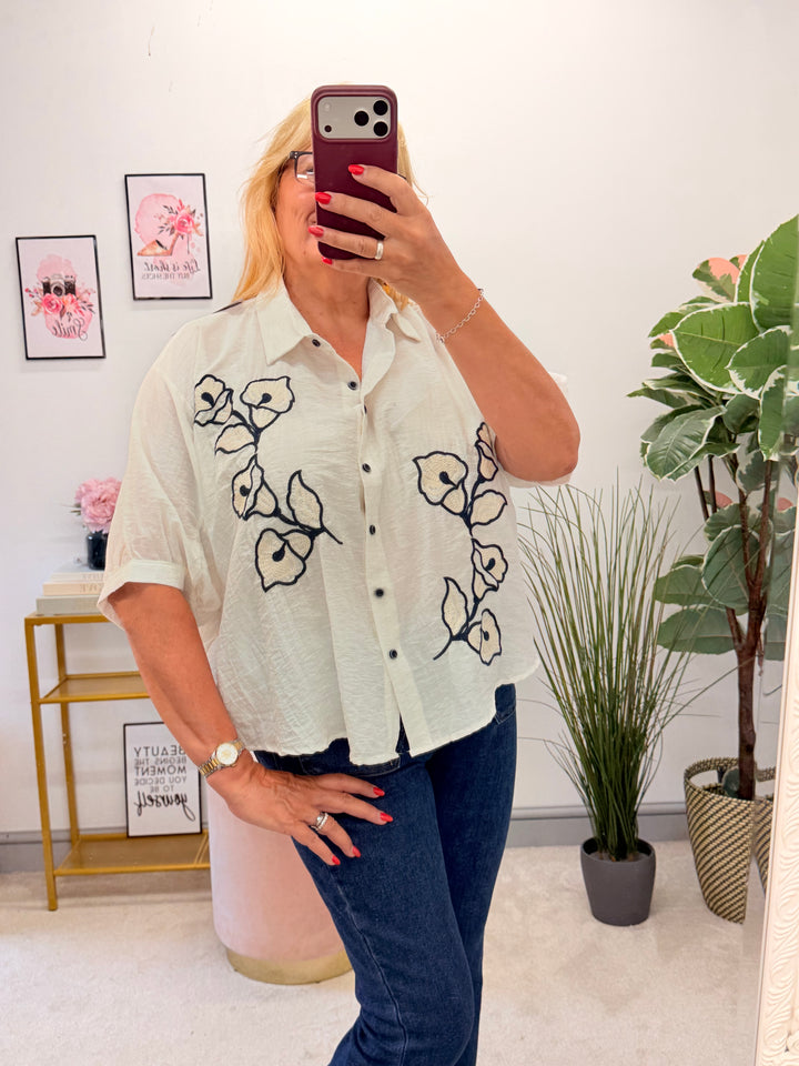 Ladies Cream & Navy Loose Fit Shirt Blouse