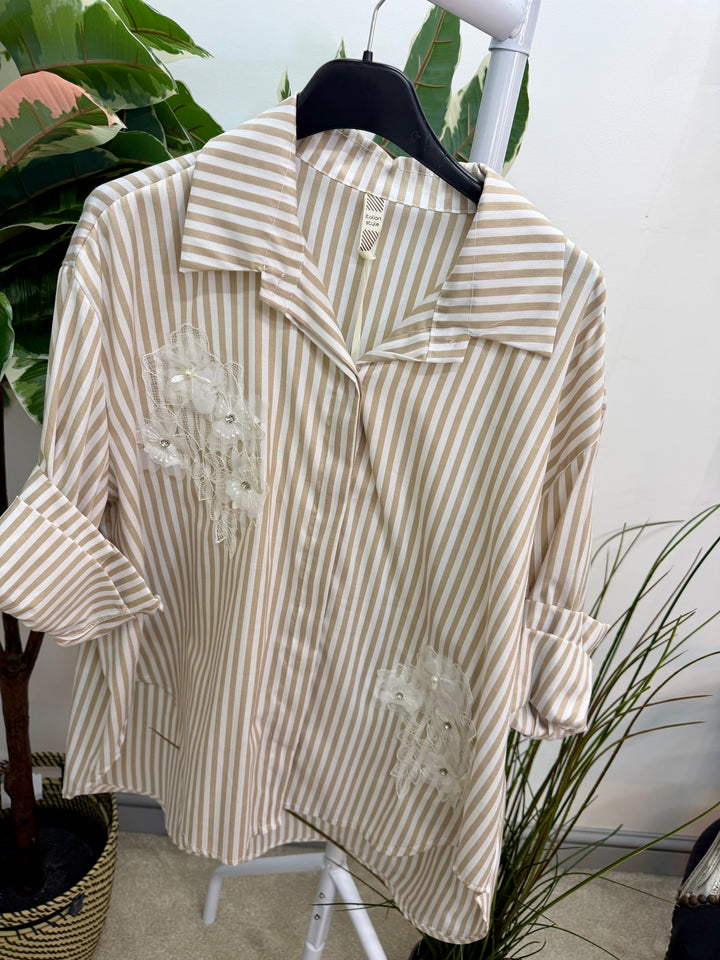 LADIES FASHION STRIPE COTTON SHIRT - YELLOW, BEIGE & BLUE