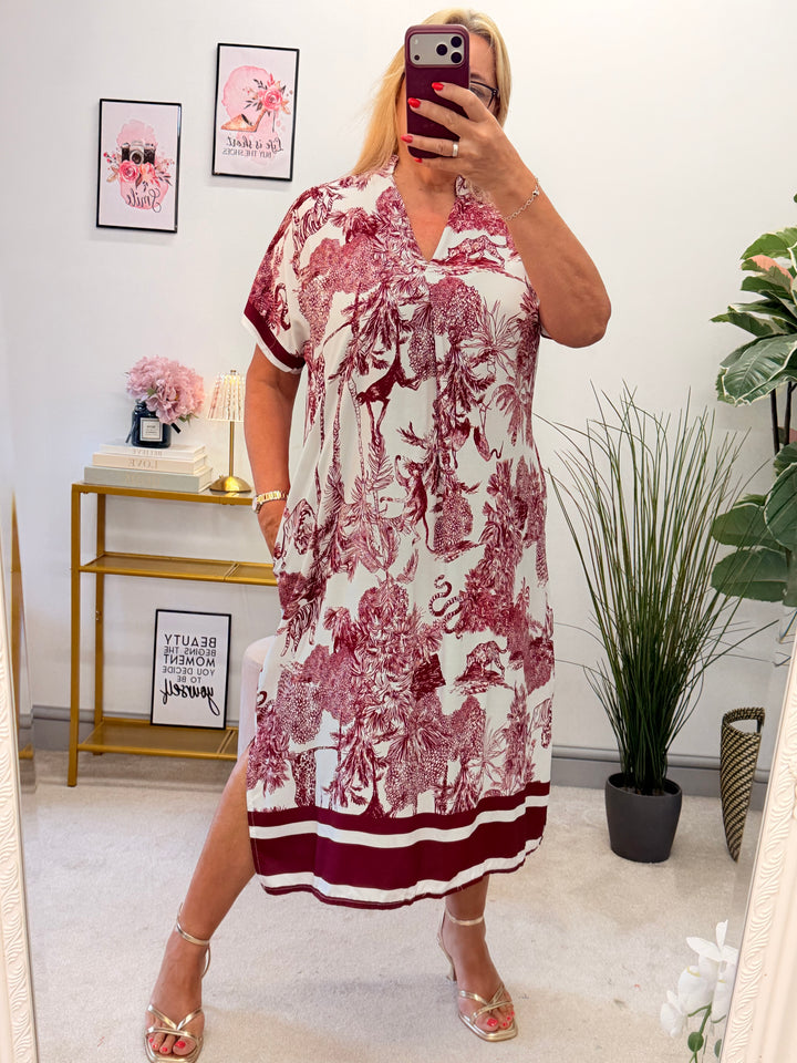 Ladies Jungle Print Loose Fit Summer Maxi Dress - Wine, Brown & Denim Blue