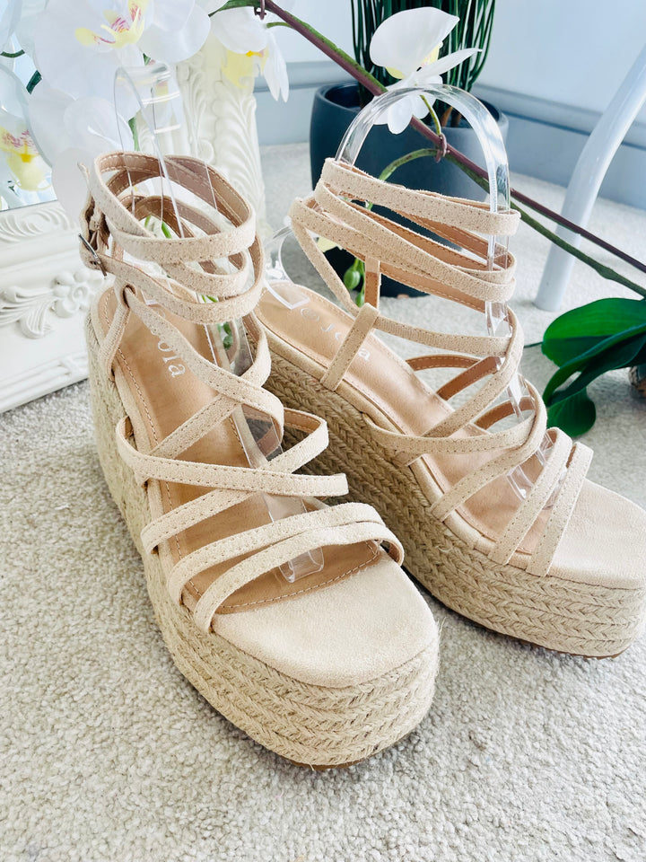 LADIES WOMENS SUMMER BEIGE STRAPPY FLATFORM SANDALS