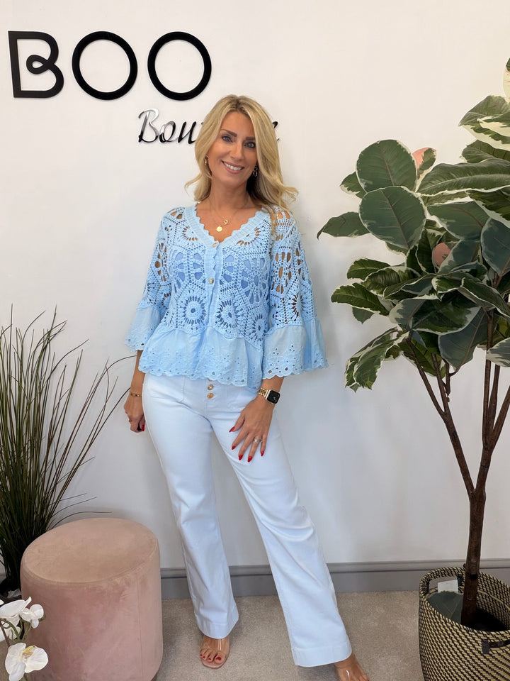 Ladies Broderie Anglaise & Lace Bolero Cardigan - White, Blue & Brown