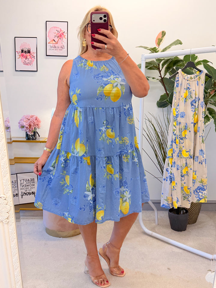 Ladies Lemon Print Summer Sun Dress - Blue & Beige