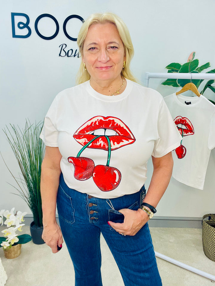 LADIES WHITE DIAMANTE LIPS & CHERRY T SHIRT TOP