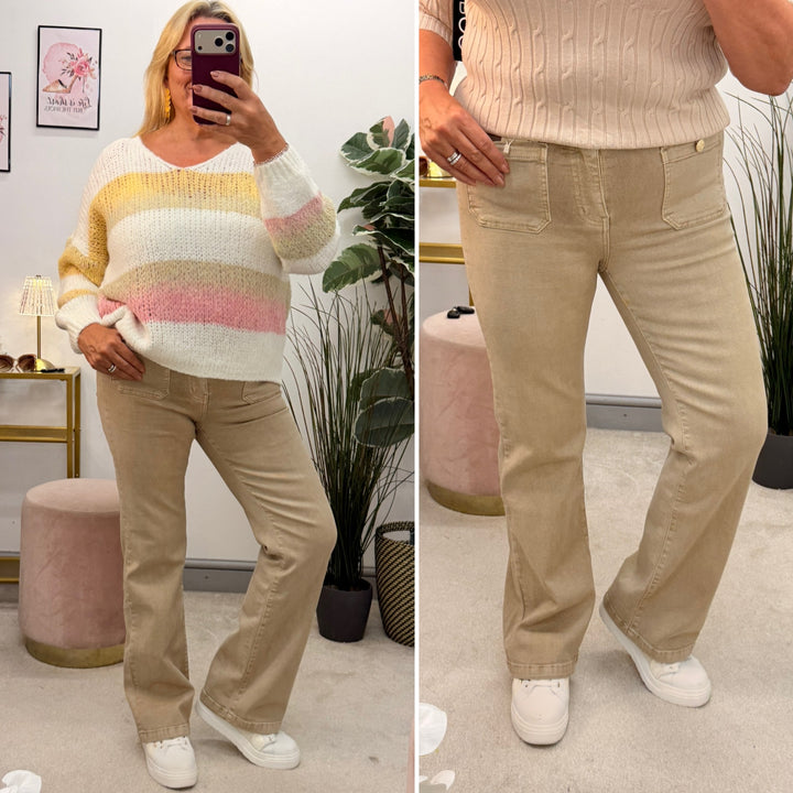 Ladies Fashion Beige Wide Leg High Waist Jeans
