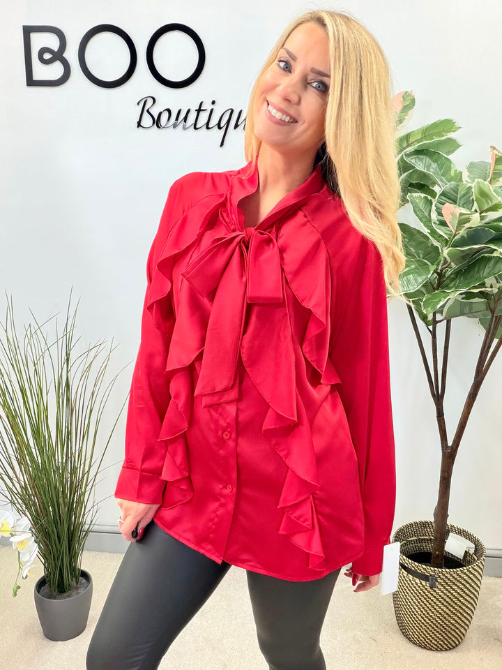LADIES SATIN FLAMENCO FRILL BLOUSE SHIRT - RED, BLACK, WHITE