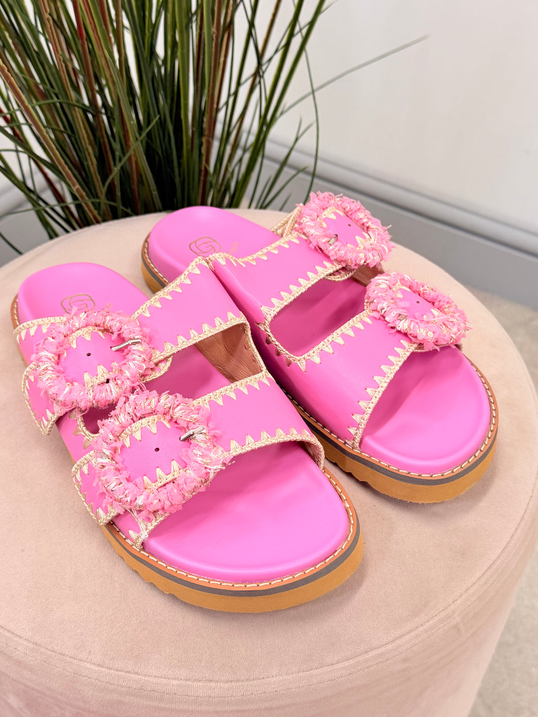 Ladies Fashion Buckle Comfy Moulded Footbed Slider Sandals fuschia pink