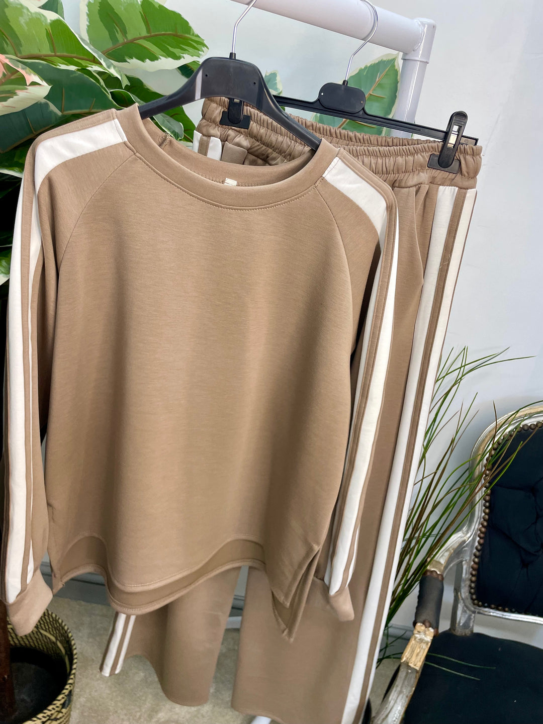 LADIES SPORTS LUXE STRIPE TROUSER CO ORD SET - BLACK, NAVY, KHAKI, MOCHA, BROWN