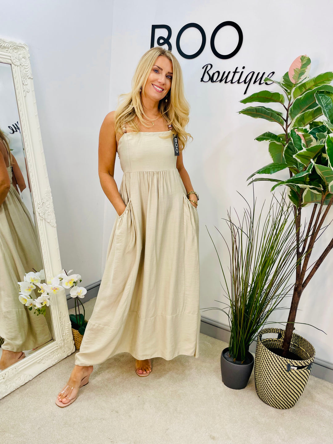 LADIES SUMMER HOLIDAY MAXI DRESS - DENIM BLUE, WHITE, BROWN, BEIGE & BLACK