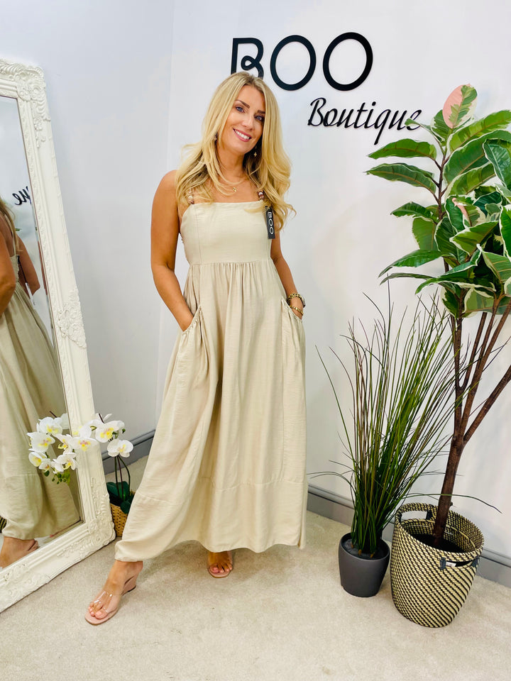 LADIES SUMMER HOLIDAY MAXI DRESS - DENIM BLUE, WHITE, BROWN, BEIGE & BLACK