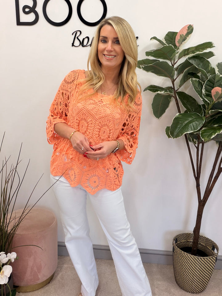 Ladies Fashion Crochet Open Knit Top peach