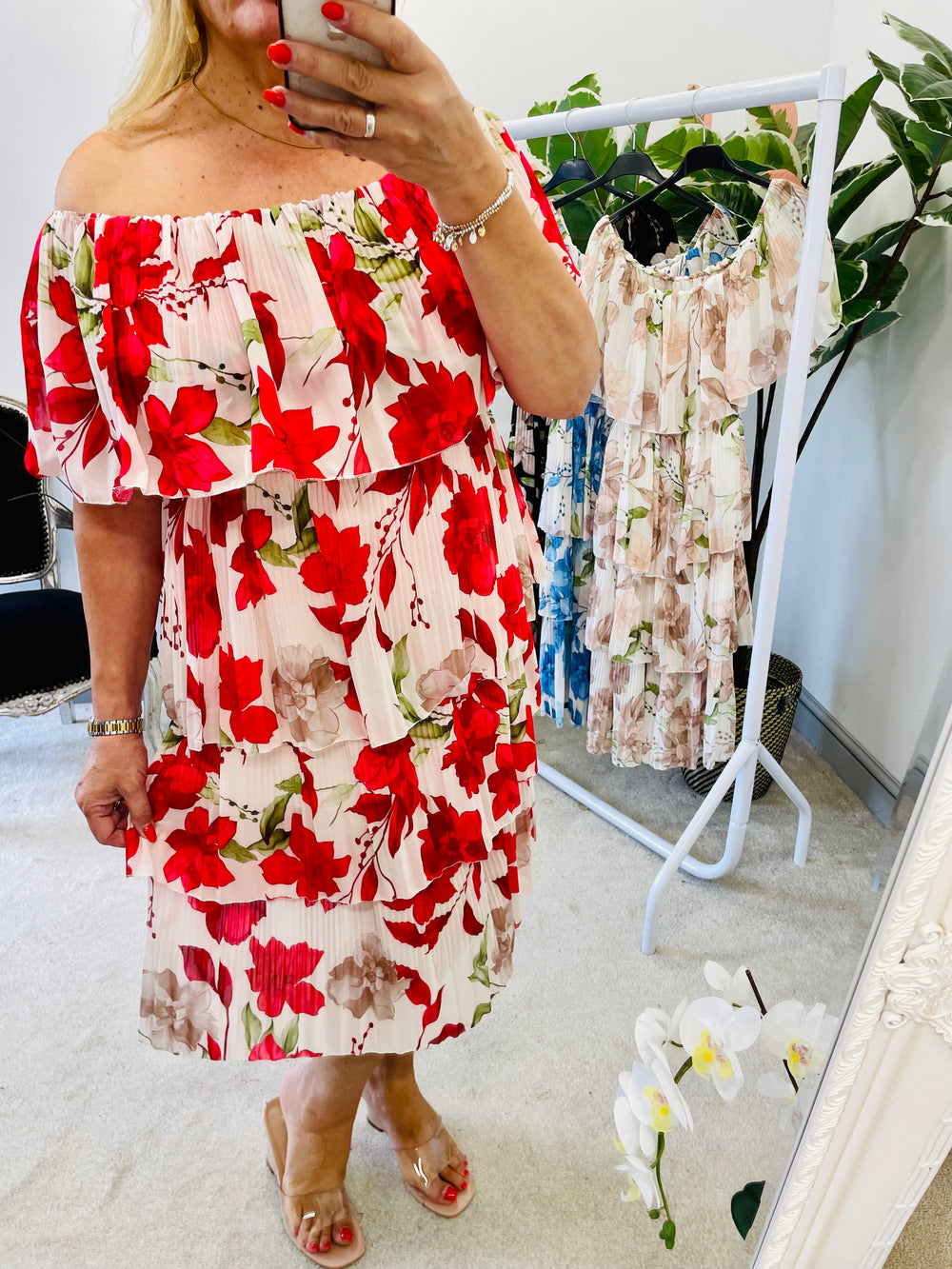 LADIES FLORAL PLEATED SUMMER EVENT MIDI DRESS - RED, BLUE, BEIGE & BLACK