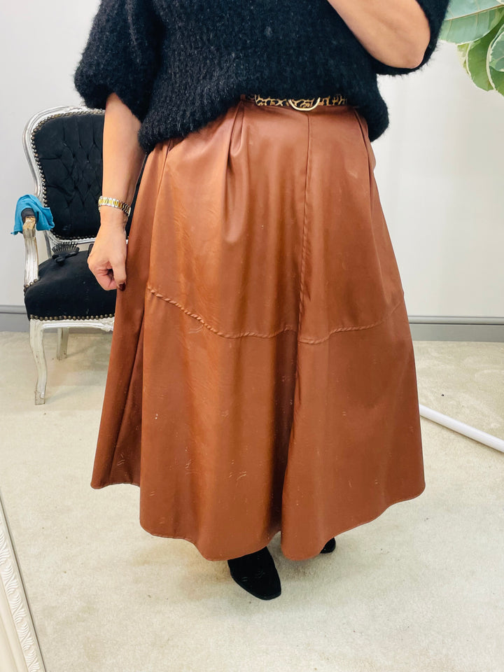 LADIES FAUX LEATHER MAXI SKIRT - BLACK & CAMEL TAN