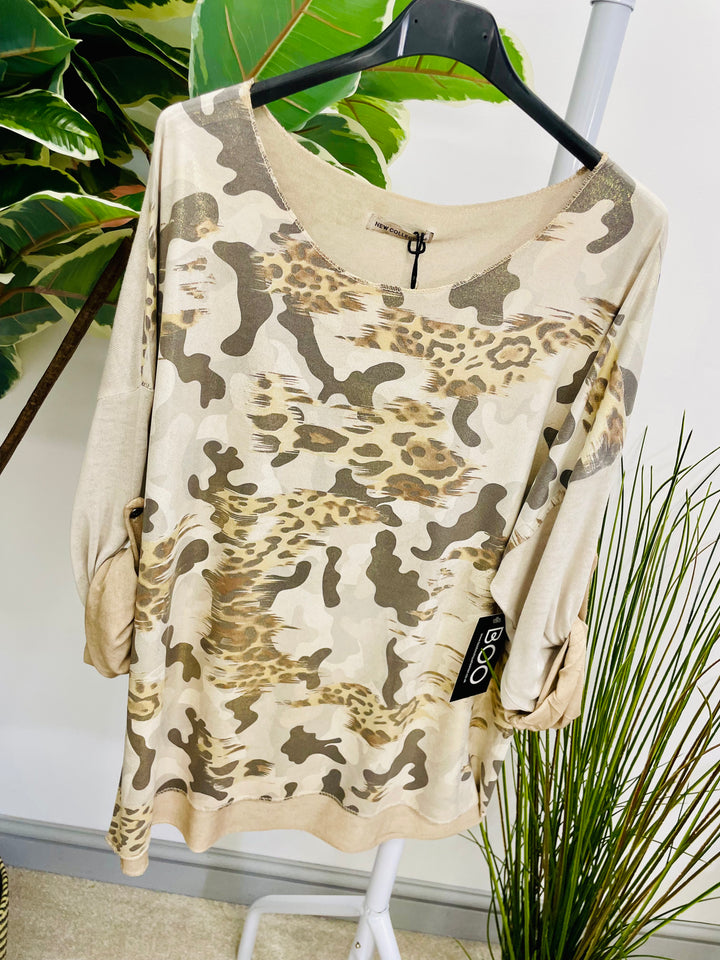 LADIES CAMO LUREX CASUAL TOP - WHITE, KHAKI & BEIGE