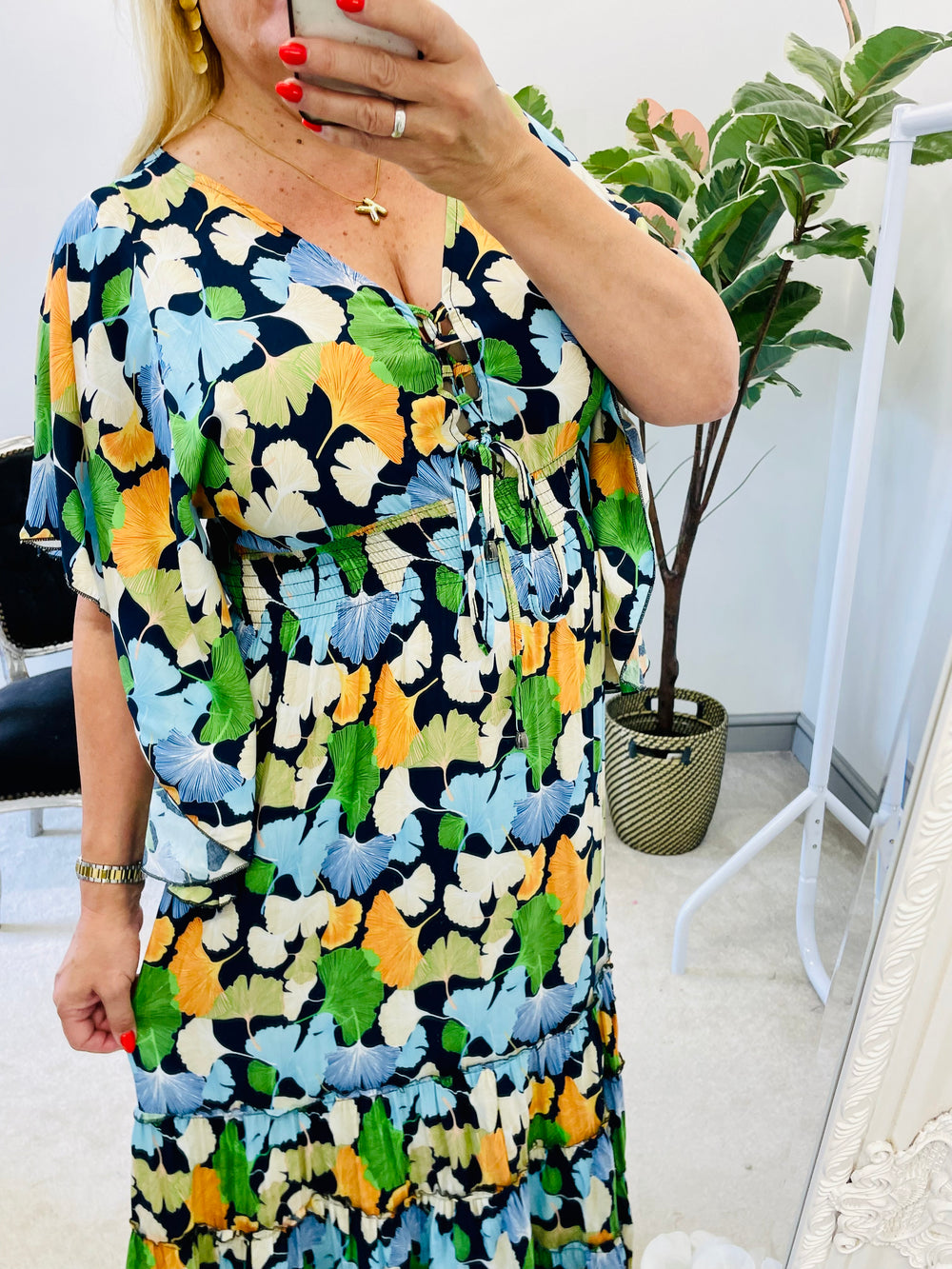 LADIES NAVY & ORANGE TROPICAL PRINT SUMMER MAXI DRESS